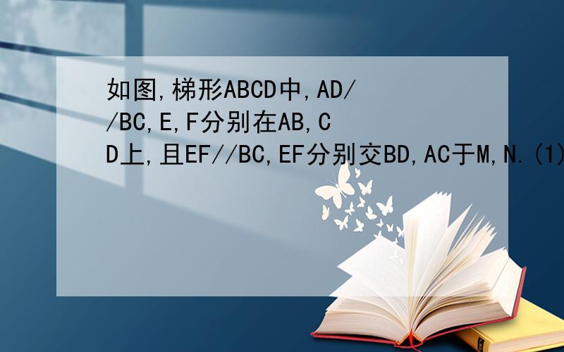 如图,梯形ABCD中,AD//BC,E,F分别在AB,CD上,且EF//BC,EF分别交BD,AC于M,N.(1)探究M