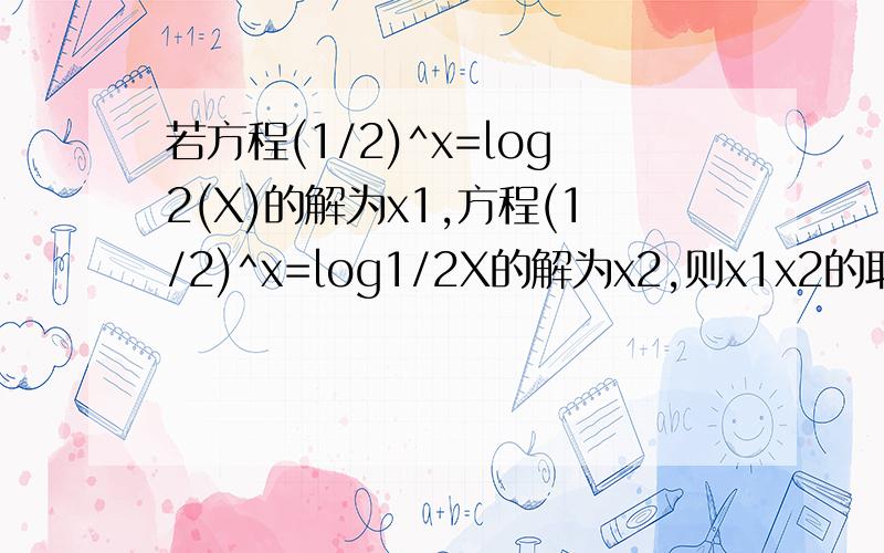 若方程(1/2)^x=log2(X)的解为x1,方程(1/2)^x=log1/2X的解为x2,则x1x2的取值范围为