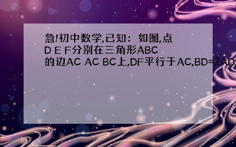 急!初中数学,已知：如图,点D E F分别在三角形ABC的边AC AC BC上,DF平行于AC,BD=2AD,AE=2E