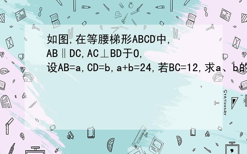 如图,在等腰梯形ABCD中,AB‖DC,AC⊥BD于O,设AB=a,CD=b,a+b=24,若BC=12,求a、b的值