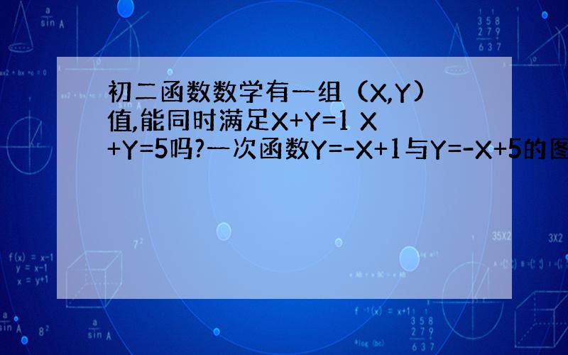 初二函数数学有一组（X,Y)值,能同时满足X+Y=1 X+Y=5吗?一次函数Y=-X+1与Y=-X+5的图像之间有什么联