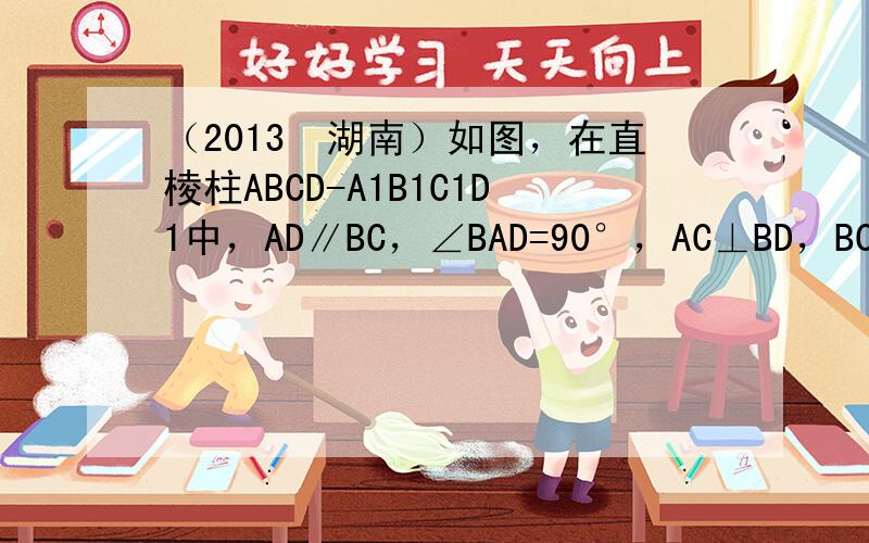 （2013•湖南）如图，在直棱柱ABCD-A1B1C1D1中，AD∥BC，∠BAD=90°，AC⊥BD，BC=1，AD=