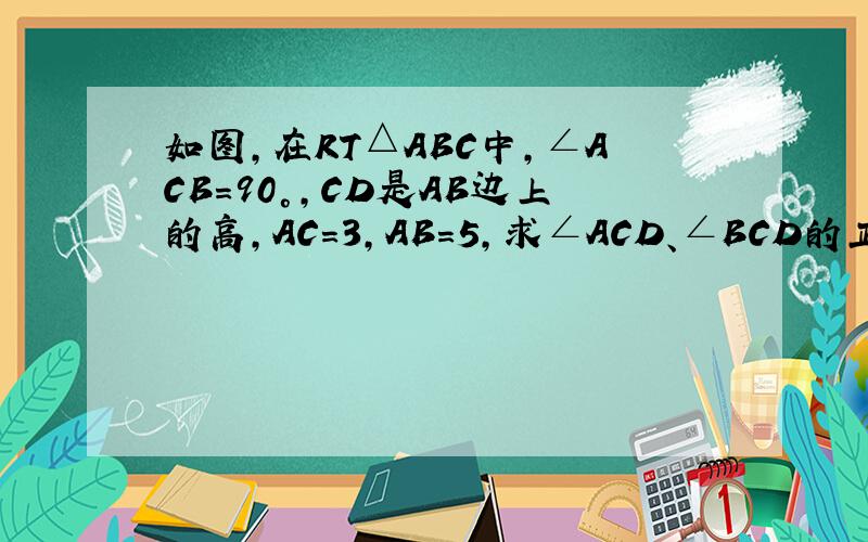 如图,在RT△ABC中,∠ACB=90°,CD是AB边上的高,AC=3,AB=5,求∠ACD、∠BCD的正切值
