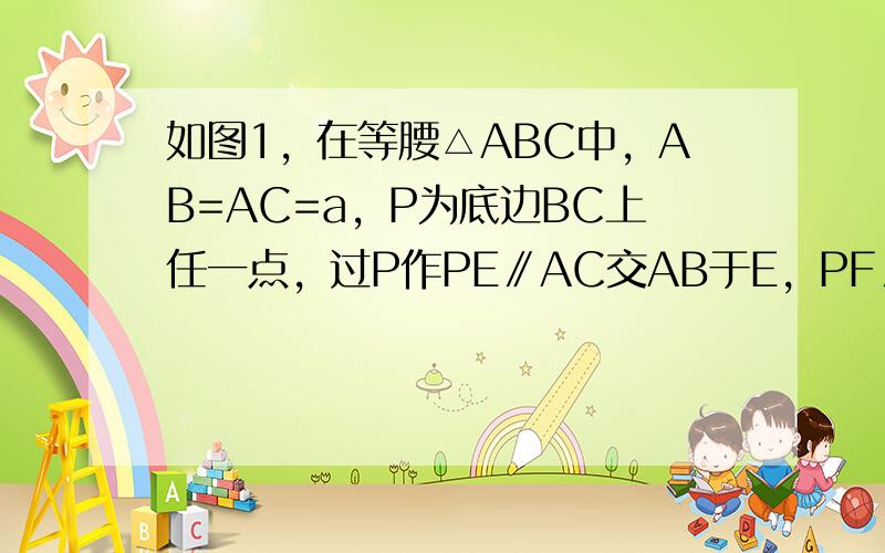 如图1，在等腰△ABC中，AB=AC=a，P为底边BC上任一点，过P作PE∥AC交AB于E，PF∥AB交AC于F，