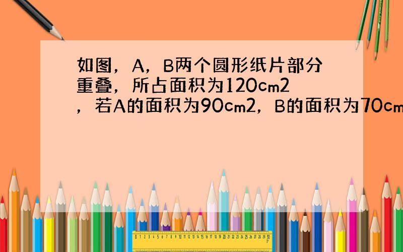 如图，A，B两个圆形纸片部分重叠，所占面积为120cm2，若A的面积为90cm2，B的面积为70cm2，则重叠部分（图中