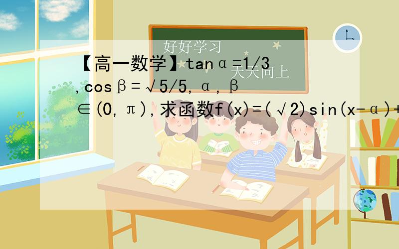 【高一数学】tanα=1/3,cosβ=√5/5,α,β∈(0,π),求函数f(x)=(√2)sin(x-α)+cos(