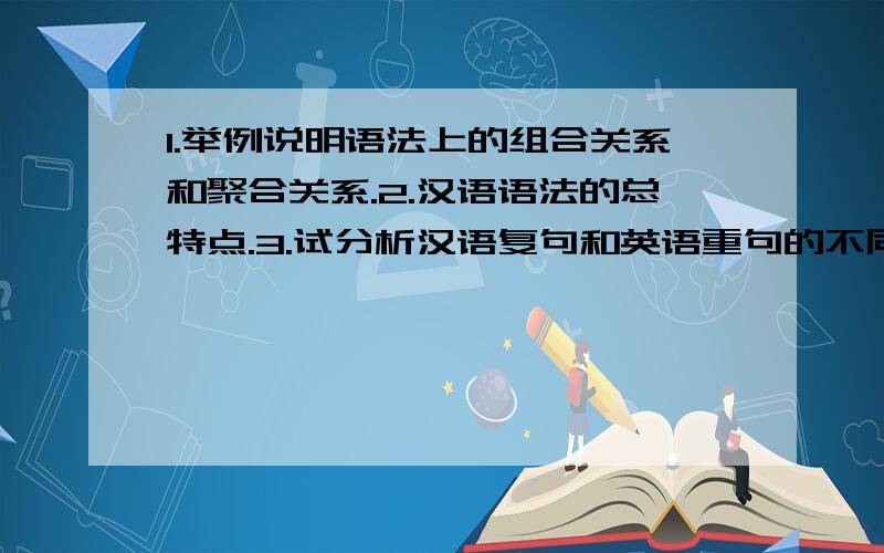 1.举例说明语法上的组合关系和聚合关系.2.汉语语法的总特点.3.试分析汉语复句和英语重句的不同特点.