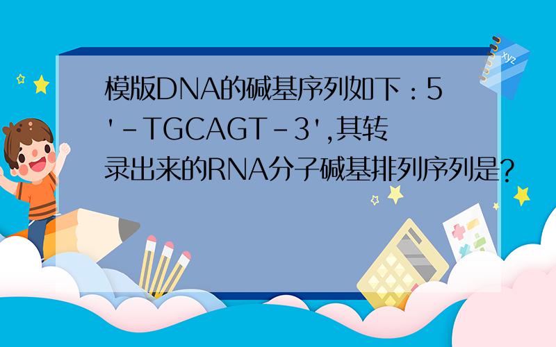 模版DNA的碱基序列如下：5'-TGCAGT-3',其转录出来的RNA分子碱基排列序列是?