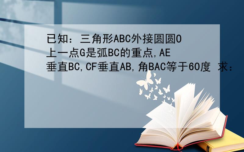 已知：三角形ABC外接圆圆O上一点G是弧BC的重点,AE垂直BC,CF垂直AB,角BAC等于60度 求：（1）角BAE=