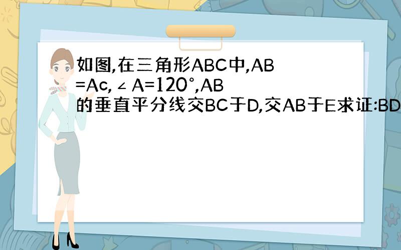 如图,在三角形ABC中,AB=Ac,∠A=120°,AB的垂直平分线交BC于D,交AB于E求证:BD=二分之一DC