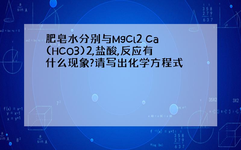 肥皂水分别与MgCl2 Ca(HCO3)2,盐酸,反应有什么现象?请写出化学方程式