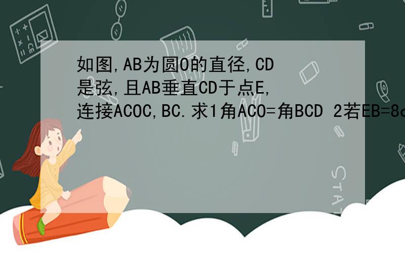 如图,AB为圆O的直径,CD是弦,且AB垂直CD于点E,连接ACOC,BC.求1角ACO=角BCD 2若EB=8cm,C