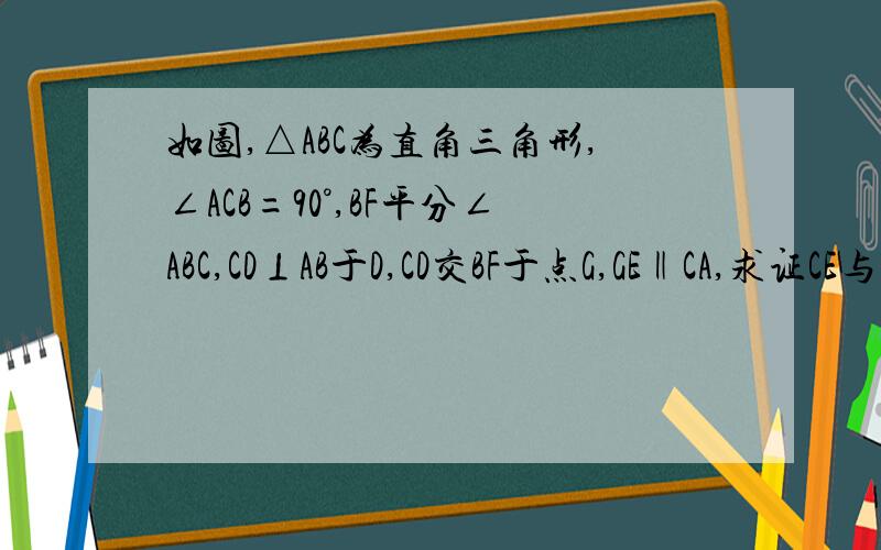 如图,△ABC为直角三角形,∠ACB=90°,BF平分∠ABC,CD⊥AB于D,CD交BF于点G,GE‖CA,求证CE与