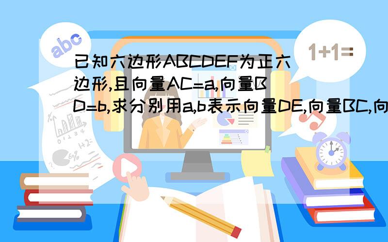 已知六边形ABCDEF为正六边形,且向量AC=a,向量BD=b,求分别用a,b表示向量DE,向量BC,向量CE,