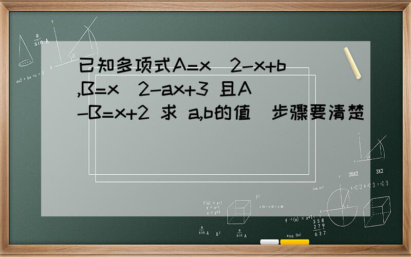 已知多项式A=x^2-x+b,B=x^2-ax+3 且A-B=x+2 求 a,b的值（步骤要清楚）