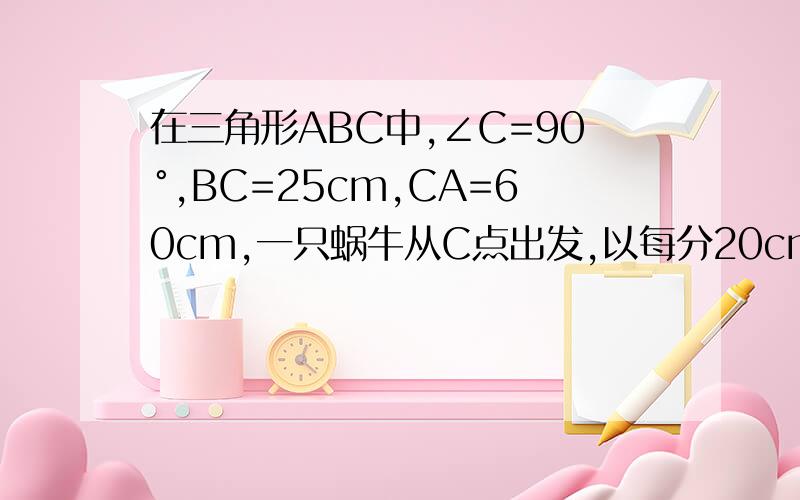 在三角形ABC中,∠C=90°,BC=25cm,CA=60cm,一只蜗牛从C点出发,以每分20cm的速度沿CA,AB,B